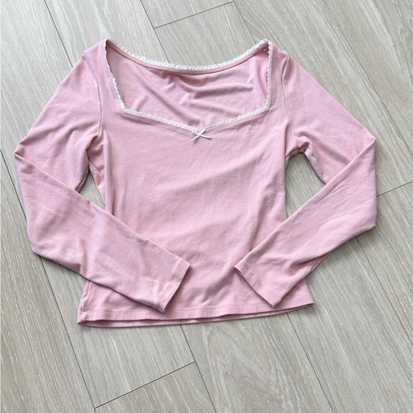 Pink Women’s Lounge Set Lace Square Neck Long Sleeve Top & Wide Leg Pant - Picture 7 of 15